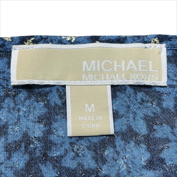 MICHAEL Michael Kors Blue Gold Leaf Smocked Sheer Popover Top Size M - Picture 7 of 7
